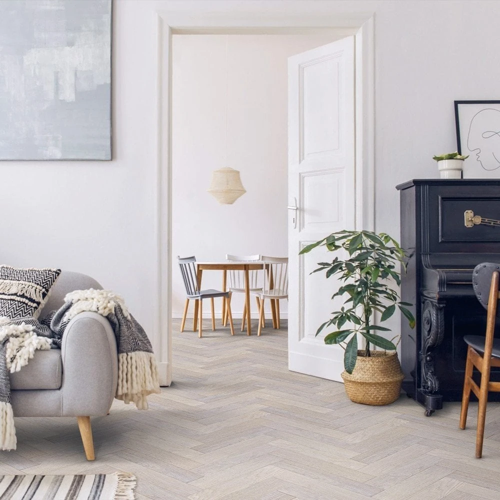 Liberty Floors Ivory White Oak - Herringbone Parquet 14mm Engineered Real Wood Flooring (219387)