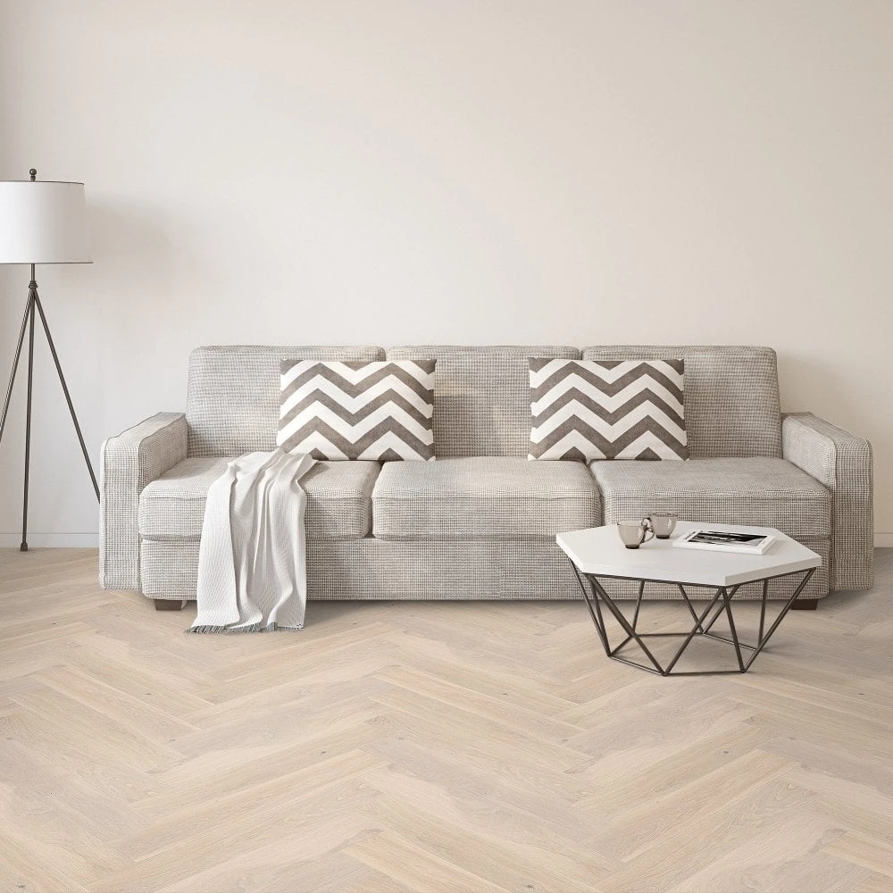 Liberty Floors Pearl White Oak - Manor Herringbone Parquet 14mm Engineered Real Wood Flooring (249872)